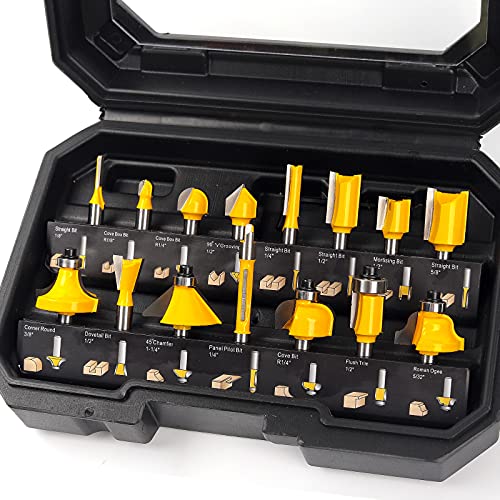 MNA Router Bits Set 15 Pieces 1/4 Inch, Router Bits Kit, DIYer Woodworking Tools, Carrying Case