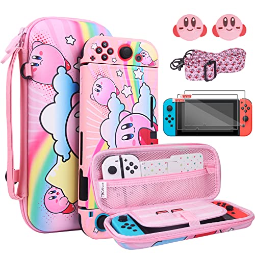 TIKOdirect Carrying Case for Nintendo Switch, Cute Portable Travel Bag in Newest Updated Design of Pink interior with Soft Protective Case, Screen Protectors and Thumb grip caps, Kirby