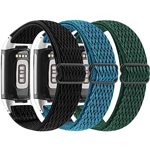 【3Pack】 Elastic Watch Band Compatible with Fitbit Charge 5/Charge 6,Stretch Woven Soft Nylon Sport Breathable Wristband Replacement Women Men for Fitbit Charge（Black-Green-Blue）