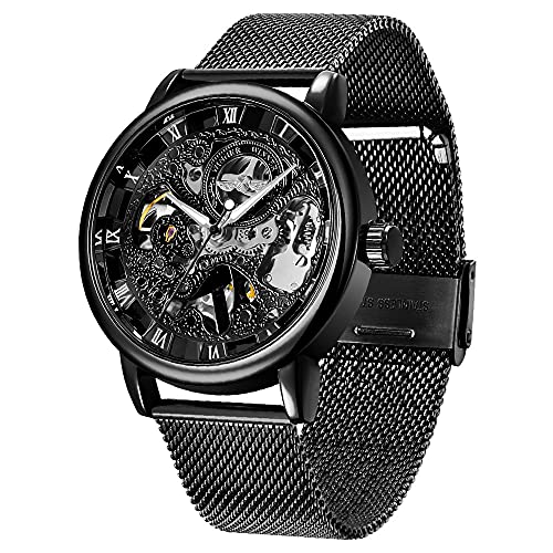 Whodoit Mesh Strap Design Watch Hand-Wind Mechanical Stainless Steel Case Skeleton Watch Watch for Men
