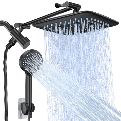 Veken High Pressure Rain Shower Head Combo with Extension Arm- Easy to Install Wide Rainfall Showerhead with 3 Water Spray Modes – Adjustable Dual Showerhead with Anti-Clog Nozzles