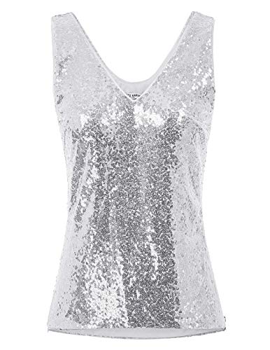 GRACE KARIN Women's Sequin Tank Top Sexy Party Shimmer Camisole Silver M