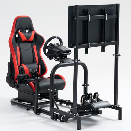 Supllueer Driving Simulator Cockpit with Monitor Stand & Red Seat Fit for G923 G920 T500 Fantec T3PA/TGT Stable & Strong,No Steering Wheel Shift Lever Pedal Display