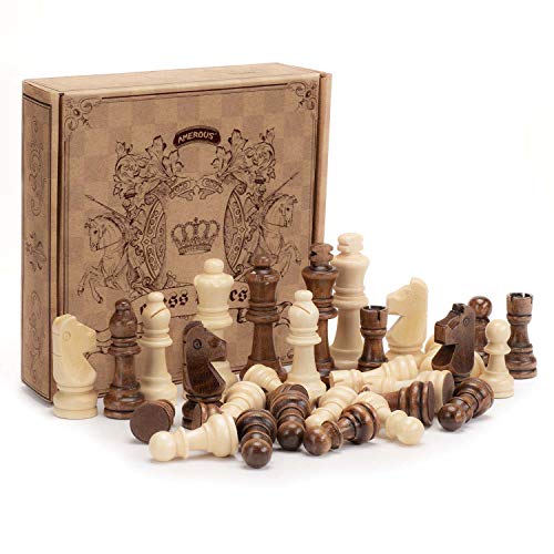 AMEROUS Wooden Chess Pieces Only, Staunton Style Wood Chessmen with 3.15' King - Storage Bag - Gift Packed Box, Tournament Chess Game Pawns for Replacement of Missing Pieces