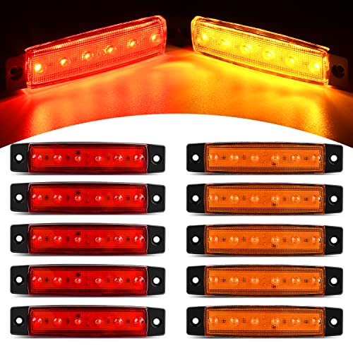 Nilight - TL-13 10 PCS Amber Red 3.8” 6 LED Amber Side LED Marker Clearance Indicator Light Rear side Marker Light for Truck Trailer RV Cab Boat Bus Lorry LED, 2 Years Warranty.
