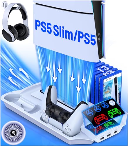 PS5 Slim Stand and Cooling Station with Controller Charging Station for Playsation 5 Slim/PS5 Disc Digital Console, PS5 Accessories Incl. 3 Levels Cooling Fan, 13 Game Slots, 3 USB HUB, Headset Holder