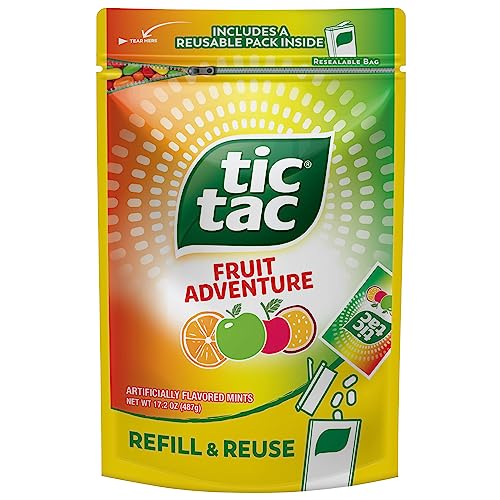 Tic Tac Resealable Refill Bag, Bulk 17.2 Oz, Fruit Adventure Mints, On-The-Go Refreshment, Includes Empty Refillable Pack