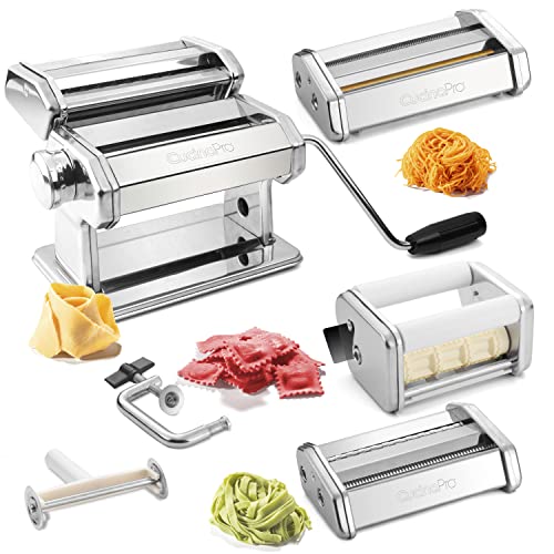 Pasta Maker Deluxe Set 5 pc Steel Machine w Spaghetti Fettuccini Roller Angel Hair Ravioli Noodle Lasagnette Cutter Attachments, Hand Crank & Clamp- Premium Quality for Holiday Italian Dinner Cooking