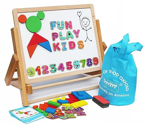 TOWO Wooden Easel for Children Foldable Double Magnetic Boards Magnetic Shapes Letters Numbers and Paper roll Kids Art Easel -Table Top Magnetic Board for Kids