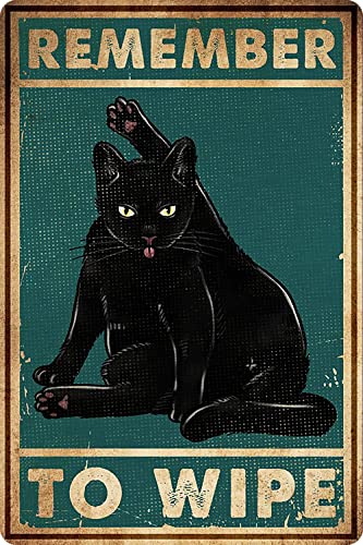Bestylez Remember to Wipe Funny Black Cat Poster Vintage Cat Bathroom Sign Decor, Aluminum, 12' * 8' (032)