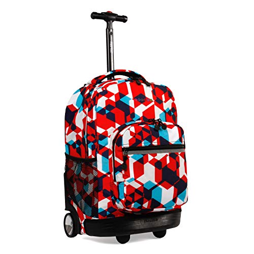 J World New York Sunrise Kids Rolling Backpack for Girls Boys Teen. Roller Bookbag with Wheels, Red Cubes, 18'