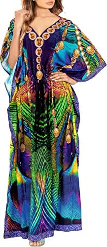 LA LEELA Women's Loungewear African Beach Maxi Plus Size Kaftan Casual Long Slit Dress Caftan Swimsuit Coverup for Women One Size Peacock, Feather