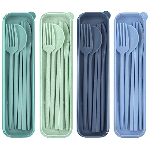 TROUSKAIG 4 Sets Reusable Utensils Set with Case,Travel Utensils with Case,Reusable Utensils for Lunch Box accessories,Portable Chopsticks Knife Fork and Spoon Lunch Utensils Set for Travel Daily Use