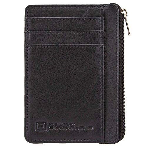 ID STRONGHOLD RFID Front Pocket Wallet Mini Minimalist Wallet Slim Wallet Genuine Leather with Zipper , Black , Small