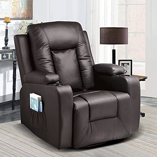 COMHOMA PU Leather Recliner Chair Modern Rocker with Heated Massage Ergonomic Lounge 360 Degree Swivel Single Sofa Seat with Drink Holders Living Room Chair Brown