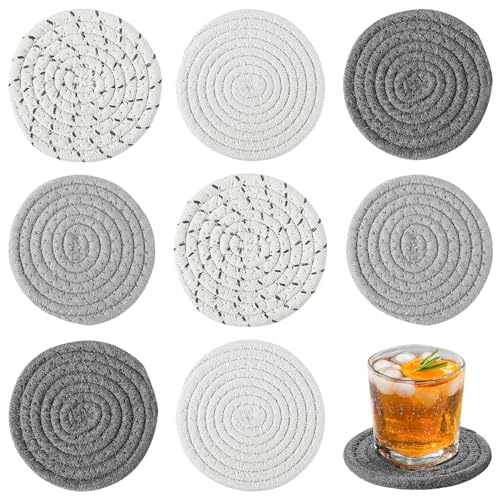 Handmade Woven Drink Coasters, 8 Pcs BOHO Coasters for Home Decor, Absorbent Farmhouse Cotton Table Coasters for Kinds of Cups New House Gift(4.3in, Grey/White)