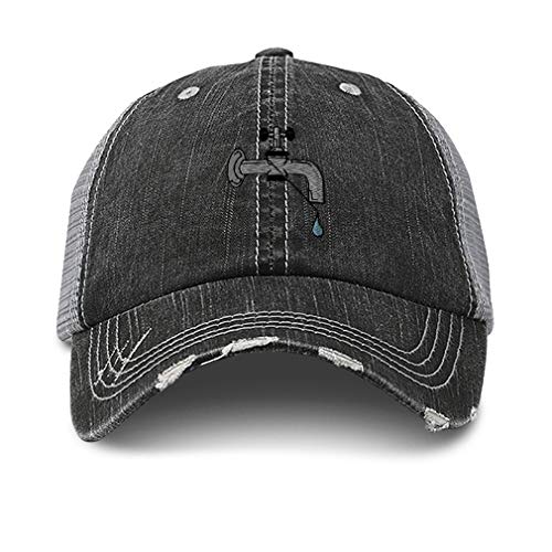 Custom Distressed Trucker Hat Plumber Leaky Faucet Embroidery Cotton for Men & Women Strap Closure Black Gray Design Only