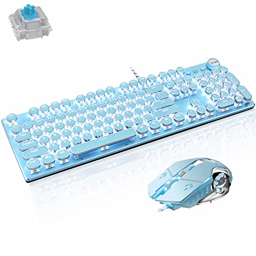 Basaltech Mechanical Gaming Keyboard and Mouse Combo, Retro Steampunk Vintage Typewriter-Style Keyboard with LED Backlit, 104-Key Anti-Ghosting Blue Switch Wired USB Metal Panel Round Keycaps, Blue