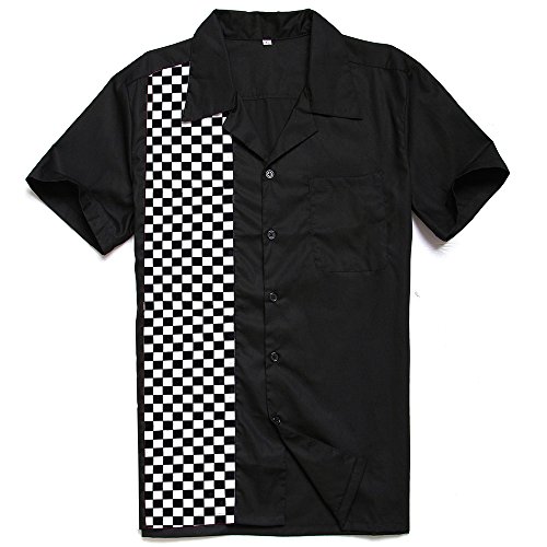 Anchor MSJ Men's 50s Male Clothing Rockabilly Style Casual Cotton Blouse Mens Fifties Bowling Dress Shirts (XL) Black