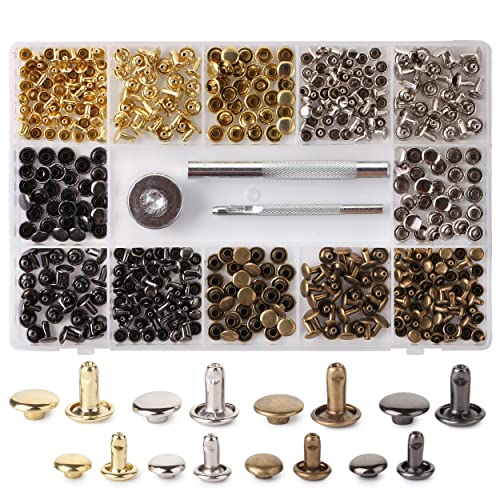 UNCO- Leather Rivets Kit, 4 Colors, 2 Sizes, 240 pcs, Tubular Metal Studs with Fixing Tools, Double Cap Rivets, Rivets for Leather, Rivets for Fabric, Leather Hardware Supplies.