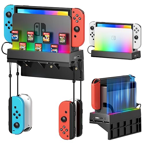 RGB Switch Wall Mount Kit for Nintendo Switch and OLED, Switch Dock Console Holder Stand, Switch Accessories with 7 Light Modes, 7 Card Slots, 4 Joy Con Hangers, 2 USB Ports, Behind TV, Graphite Black