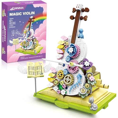JSINMA Violin Flowers Building Toy Set with Flowers,Dancing Bow(Gear-Driven Mechanism) Nice Home Decor & Creative Gift for Girls 8 9 10 12+ and Music Lovers Compatible with Lego Sets(410pcs)