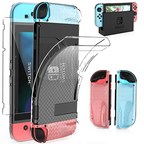 HEYSTOP Switch Case and Screen Protector - Dockable Soft TPU Protective Cover for Nintendo Console With 6 Thumb Grips and Accessories