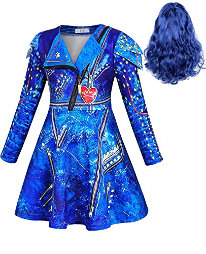 HenzWorld Evie Descendants Costume for Girls Musical Popular Role Halloween Cosplay Long Sleeve Party Dress up Clothes with Wig 8（7-8 Years,130）