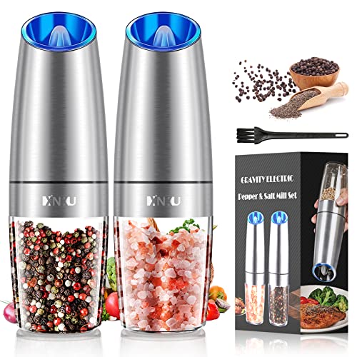 Gravity Electric Salt and Pepper Grinder Set, Automatic Mill Grinder,Battery-Operated with Adjustable Coarseness, Premium Stainless Steel with LED Light, One Hand Operated