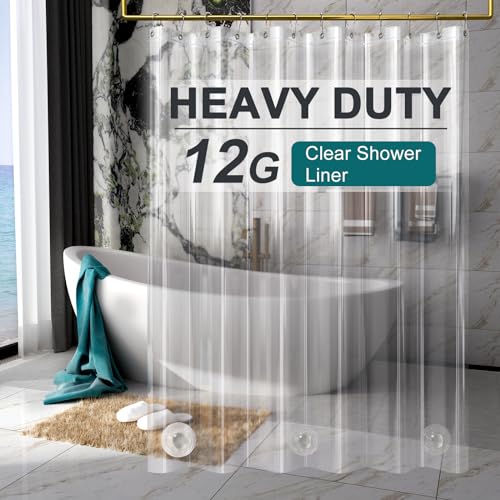 AmazerBath Heavy Duty Shower Curtain Liner 12 Gauge, 72 x 78 Inches Clear Shower Curtain Liner with 3 Clear Stones and 12 Grommet Holes, Weighted Plastic Shower Curtain Liner
