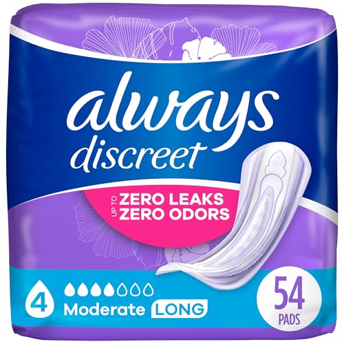 Always Discreet Adult Moderate Long Incontinence Pads, Up to 100% Leak-Free Protection, 54 Count (Packaging May Vary) (Packaging May Vary)