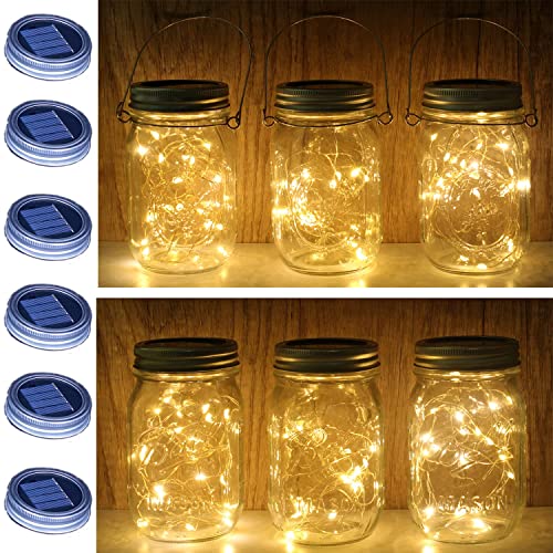 Solar Mason Jar Lights 20 LEDs (6 Hanger Included/No Jar) Fairy String Star Firefly Jar Lids Lights,for Patio Garden, Yard and Lawn Decor (Warm White 6 Pack)