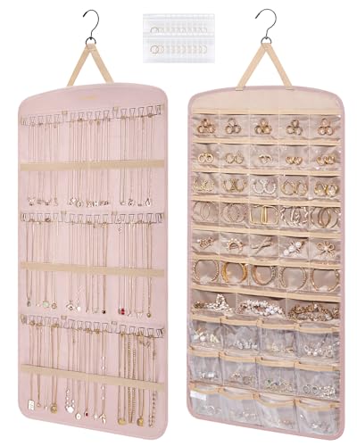 BAGSMART Hanging Jewelry Organizer, Necklace Holder Anti-tangle Earrings Rings Hanger with Pockets Hang on Closet, Wall, Door,1 Piece, Extra Large Pink