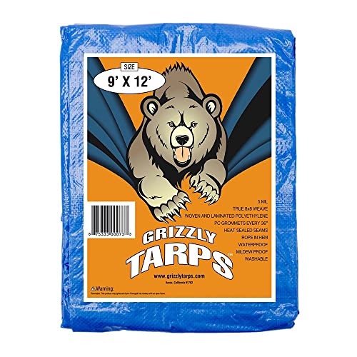 Grizzly Tarps by B-Air 9' x 12' Large Multi-Purpose Waterproof Heavy Duty Poly Tarp with Grommets Every 36', 8x8 Weave, 5 Mil Thick, for Home, Boats, Cars, Camping, Protective Cover, Blue