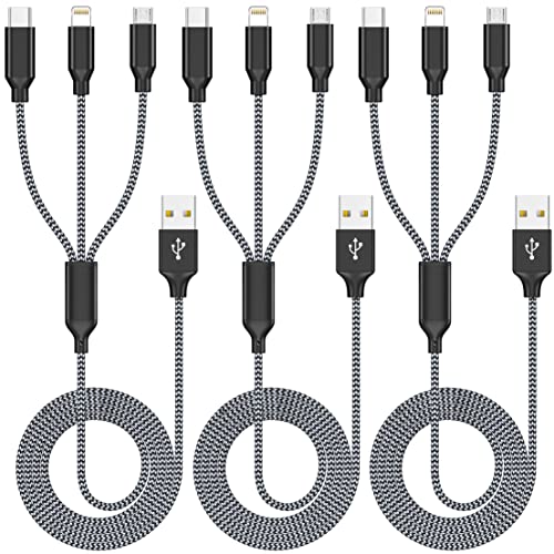 Multiple Charger Cable 3Pack 4FT Multi Charging Cable Rapid Nylon Braided Cord USB Charging Cable 3 in 1 Multi Phone Charger Cord with Type C Micro Lightning USB Connectors for Cell Phones