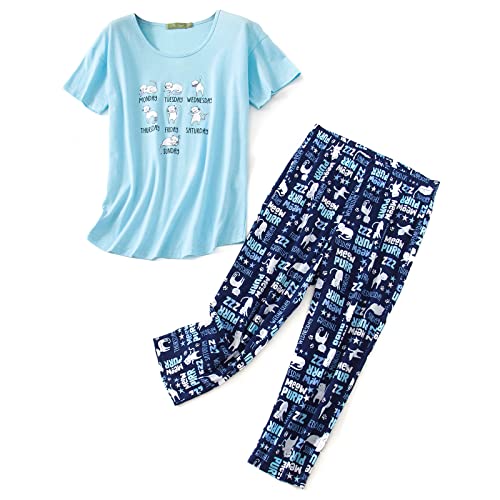 Women Short Sleeve Pajama Set Tops with Capri Pants Cartoon Print Sleep Shirt Two Piece Sleepwear Pj Set Dark Blue and White Cat L