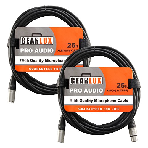 Gearlux XLR Microphone Cable, Fully Balanced, Male to Female, Black, 25 Feet - 2 Pack