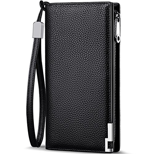 Huztencor Long Wallets for Men Leather RFID Blocking Wallet Bifold Slim Credit Card Holder Zip Around Wallet Purse with Zipper Strap Black