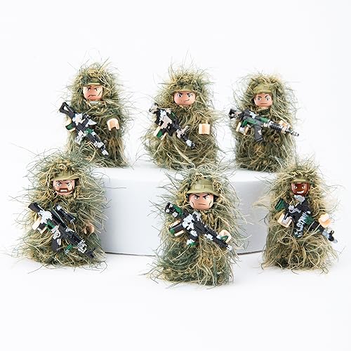 Yanscian Military Camouflage Soldiers Figures, Action Minifigures in Jungle Fatigues, Special Forces Soldier Figures in Ghillie Suit with Weapons and Accessories Gift (6 Figures Included)