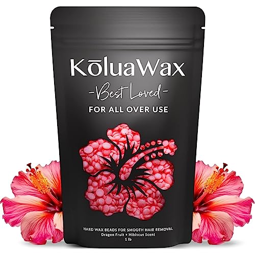 KoluaWax Hard Wax Beads for Hair Removal – Coarse Hair Formula – Face, Brazilian, Underarm, Back Chest, Bikini Waxing – Dragon Fruit & Hibiscus, 1lb Refill for Wax Warmers & 10 Applicator Sticks