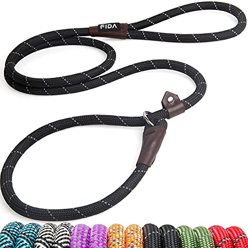 Fida Durable Slip Lead Dog Leash, 6 FT x 1/2' Heavy Duty Comfortable Strong Rope Leash for Large, Medium Dogs, No Pull Pet Training Leash with Highly Reflective, Black