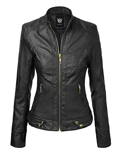 Lock and Love LL WJC747A Womens Dressy Vegan Leather Biker Jacket M BLACK