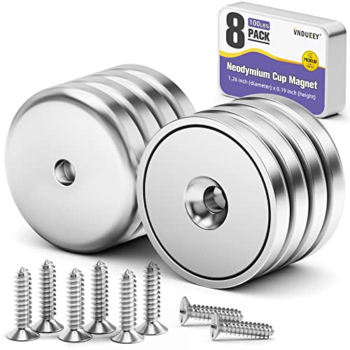 Pack of 8 Neodymium Magnet Cup 100 LBS Pull Force Rare Earth Magnets with Countersunk Hole Industrial Strength Round Base, 1.26''D x 0.2'H, Screws Included (8)