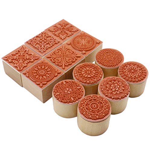 Fciqven 12Pcs Wooden Stamps Floral Pattern Rubber Stamp Round and Square Lace Wooden Rubber Stamp for Scrapbooking and DIY Craft Card