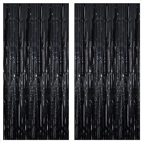 KatchOn XtraLarge Foil Black streamers - 3.2x10 Feet, Pack of 2 | Black Backdrop for Black Birthday Decorations | Black Backdrop Curtain, Black Fringe Backdrop for Graduation Decorations Class of 2024