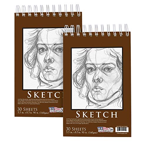 U.S. Art Supply 5.5' x 8.5' Top Spiral Bound Sketch Book Pad, Pack of 2, 30 Sheets Each, 90lb (160gsm) - Acid-Free Heavyweight Paper, Artist Sketching Drawing Pad - Pencils, Charcoal - Adults, Student