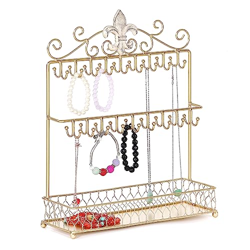 MOCOME Fleur-De-Lis Gold Jewelry Stand Necklace Holder Stand with 36 Hooks and Tray for Woman