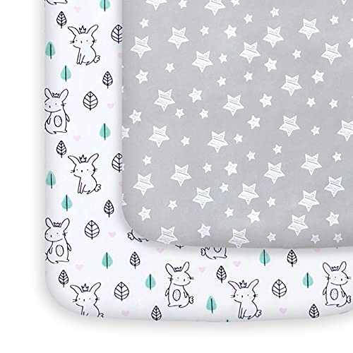 Pack and Play Sheets, 2 Pack Mini Crib Sheets, Stretchy Playard Fitted Sheet, Compatible with Graco Pack n Play, Soft and Breathable Material, Stars & Bunny