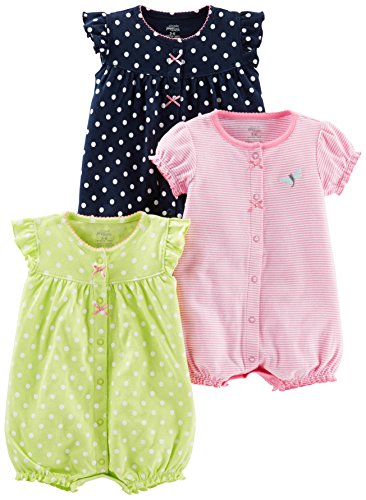 Simple Joys by Carter's Baby Girls' 3-Pack Snap-up Rompers, Light Green/Navy Dots/Pink Stripe, 3-6 Months