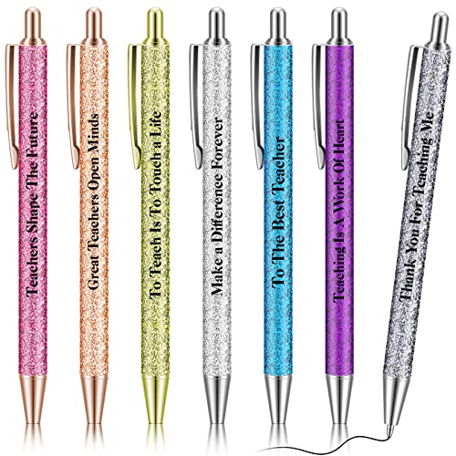 7 Pcs Greeting Teacher Pens Inspirational Ballpoint Pens Glitter Black Ink Pens Metal Retractable Ballpoint Pens Appreciation Gifts for Kids Students Women Men Office Supplies (Teacher)